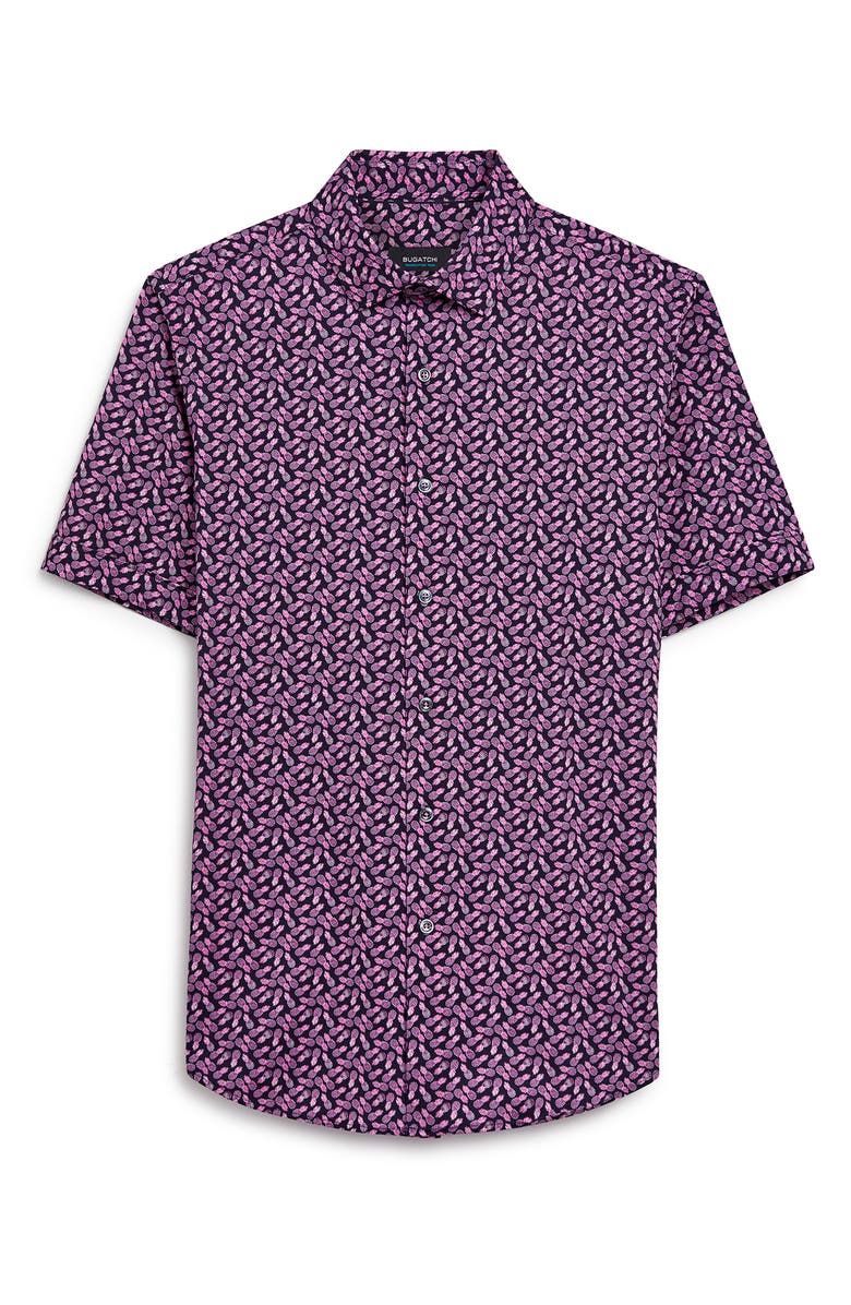 Bugatchi Pineapple Print Knit Short Sleeve Stretch Cotton Button-Up Shirt, Alternate, color, 