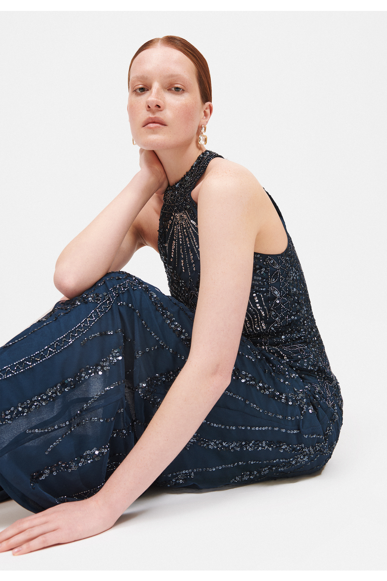 Occasion Embellished Sequin Beaded Halter Neck Evening Maxi Dress, Alternate, color, NAVY