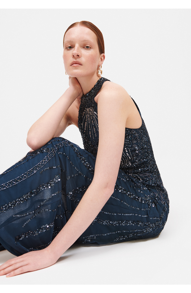 BEAUUT Occasion Embellished Sequin Beaded Halter Neck Evening Maxi Dress, Alternate, color, Navy