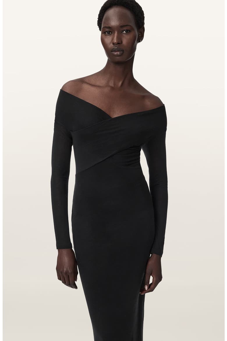 Delta Off the Shoulder Long Sleeve Jersey Midi Dress, Alternate, color, BLACK