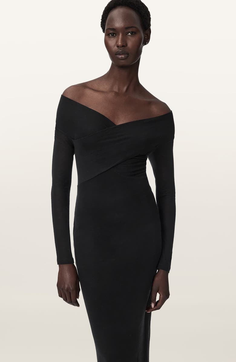 AllSaints Delta Off the Shoulder Long Sleeve Jersey Midi Dress, Alternate, color, Black