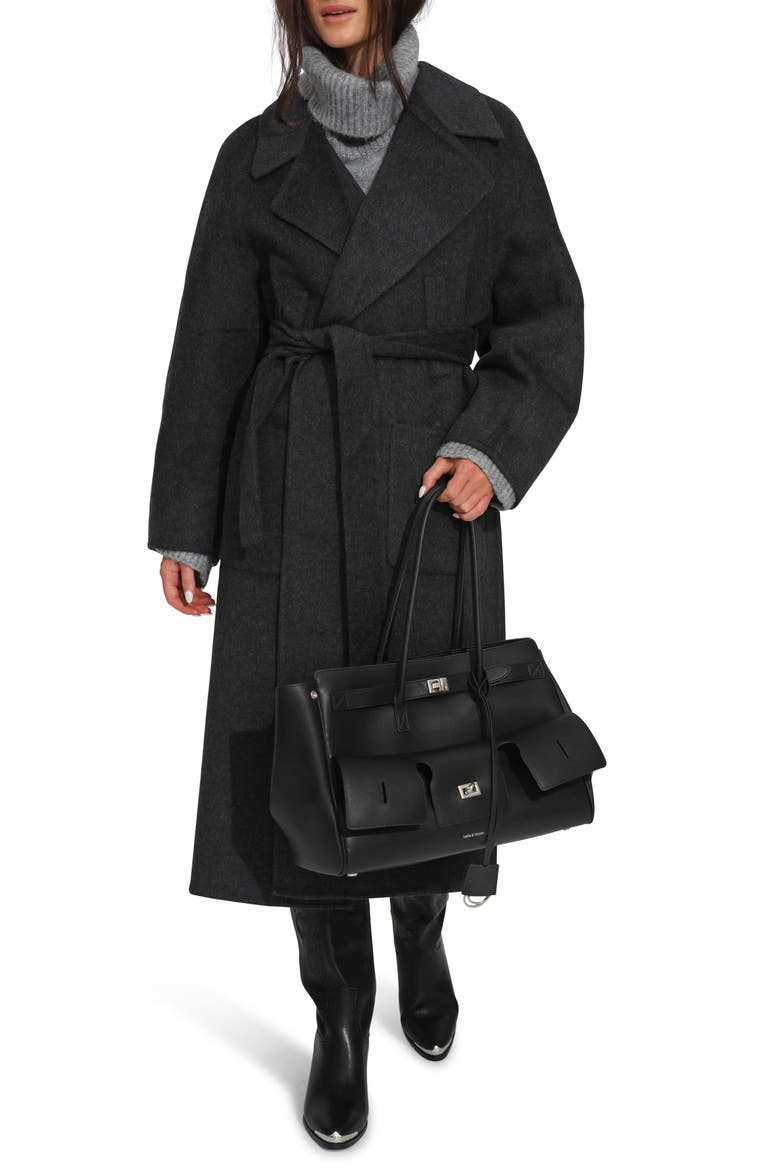 Belted Wool Blend Coat, Alternate, color, BLACK