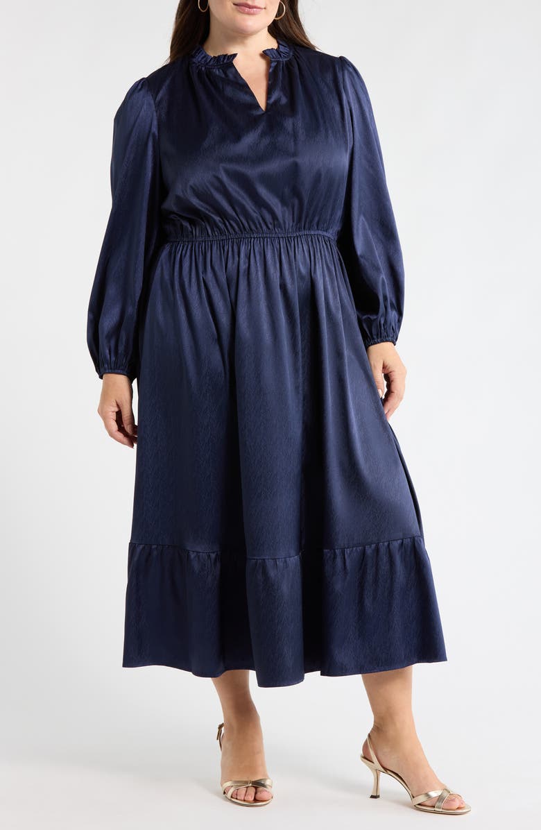 SUGARLIPS Fabiola Long Sleeve Satin Midi Dress, Main, color, Navy