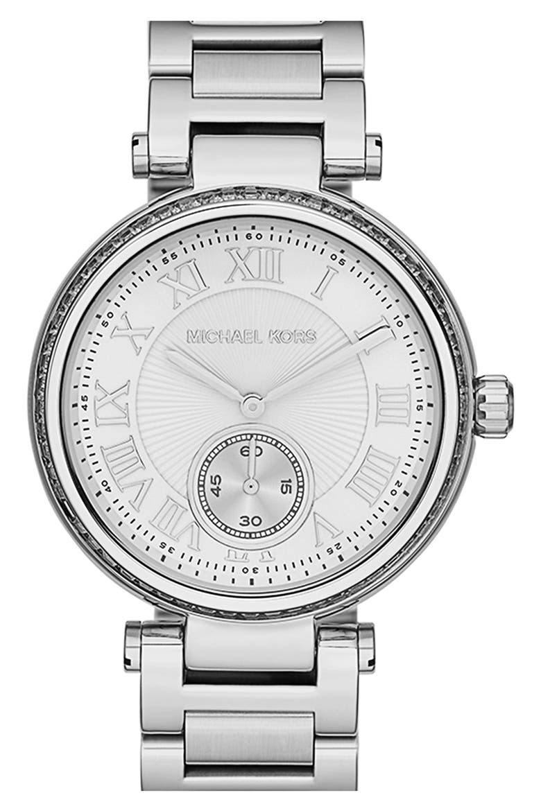 Michael Kors 'Skylar' Crystal Bezel Bracelet Watch, 42mm, Main, color, SILVER