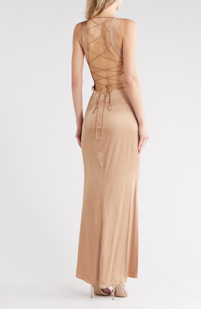 Good American Satin Lace-Up Maxi Slipdress, Alternate, color, Bronze