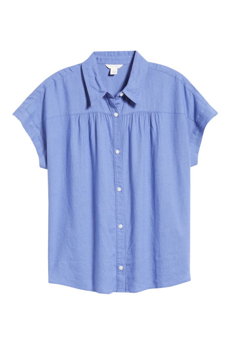 Short Sleeve Linen Blend Button-Up Shirt, Alternate, color, BLUE DENIM