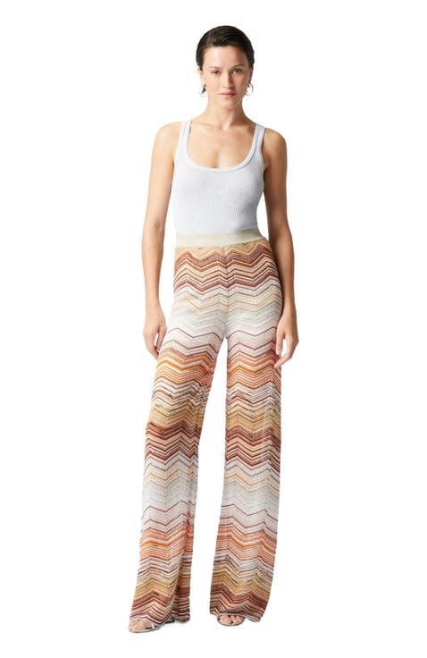 Palazzo Chevron Lamé Trousers With Sequins