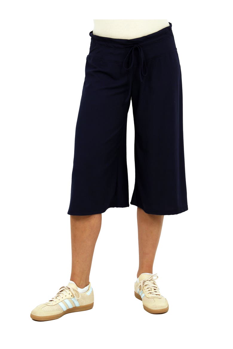 Womens Basic Ribbed Knit Drawstring Flared Capri Pants, Main, color, Navy