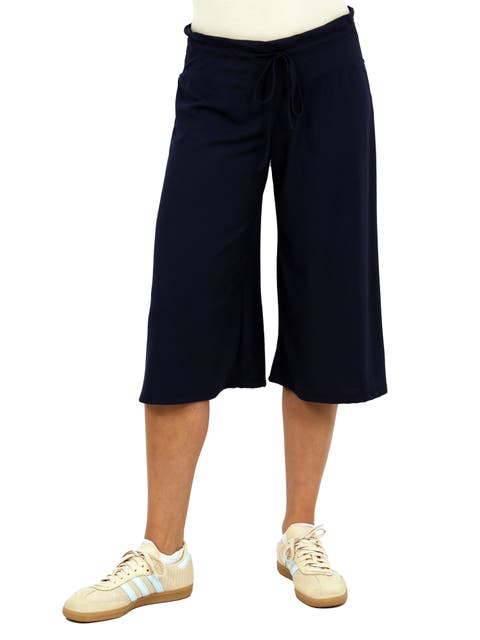 Womens Basic Ribbed Knit Drawstring Flared Capri Pants