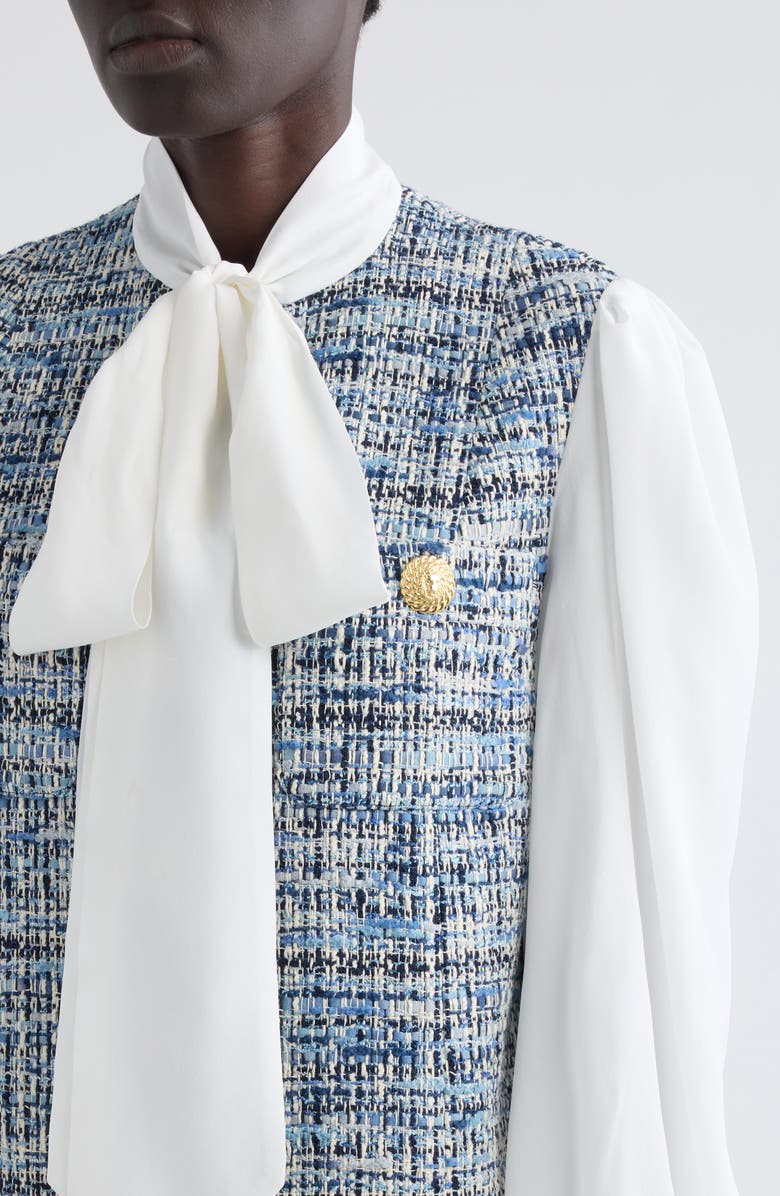 Balmain Tie Neck Long Sleeve Mixed Media Dress, Alternate, color, 