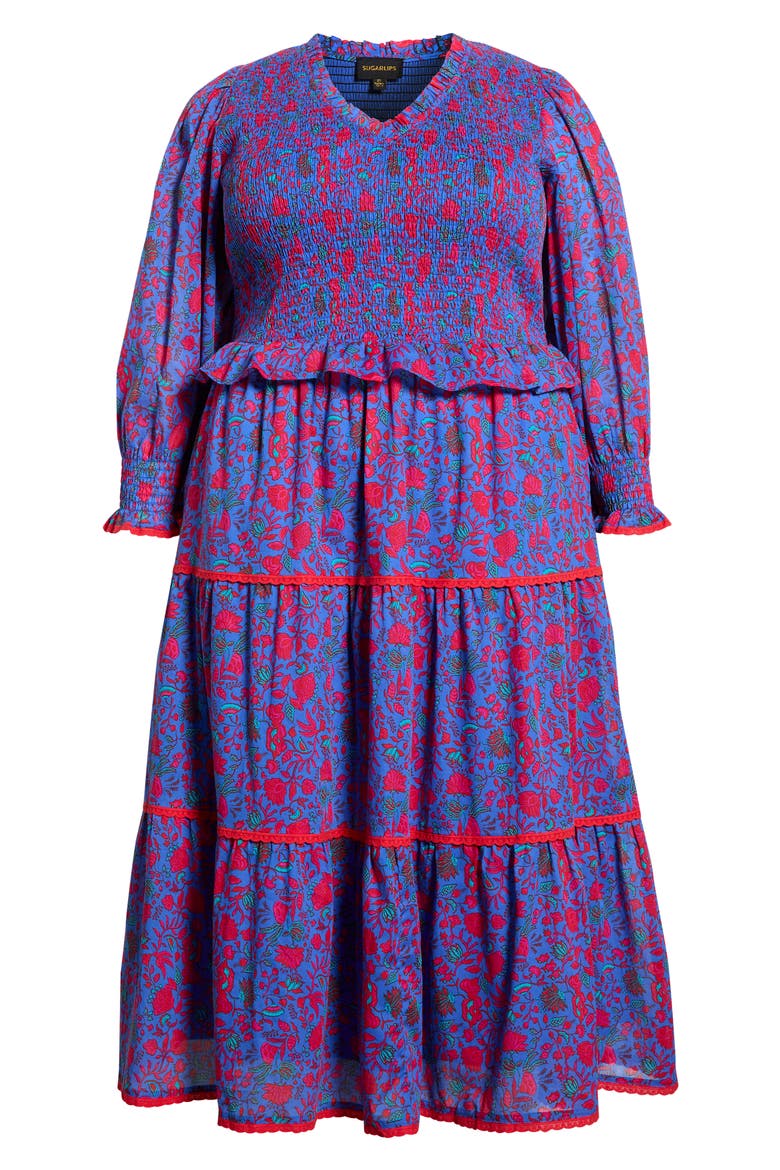 Tanya Floral Print Smocked Maxi Dress, Alternate, color, BLUE-FUCHSIA
