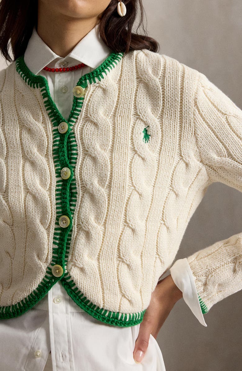 Polo Ralph Lauren Whipstitch Trim Cable Stitch Cardigan, Alternate, color, Cricket Cream