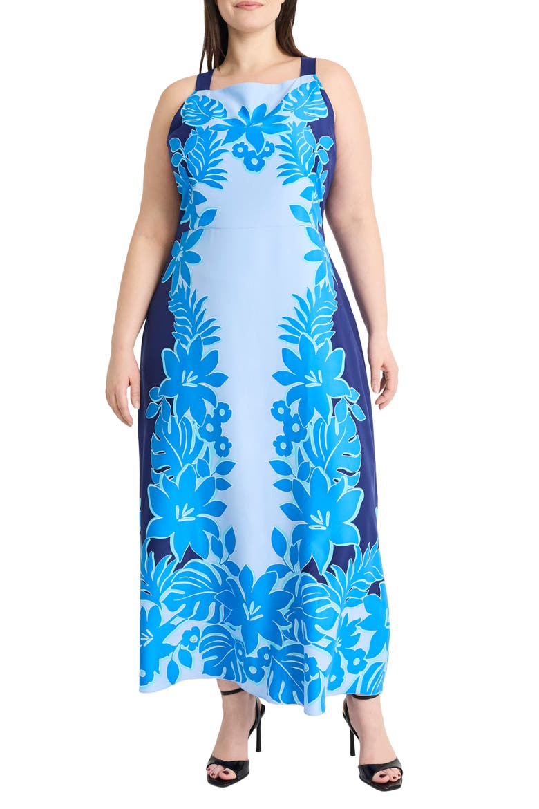 Floral Print Square Neck Maxi Dress, Main, color, NAVY/ BLUE
