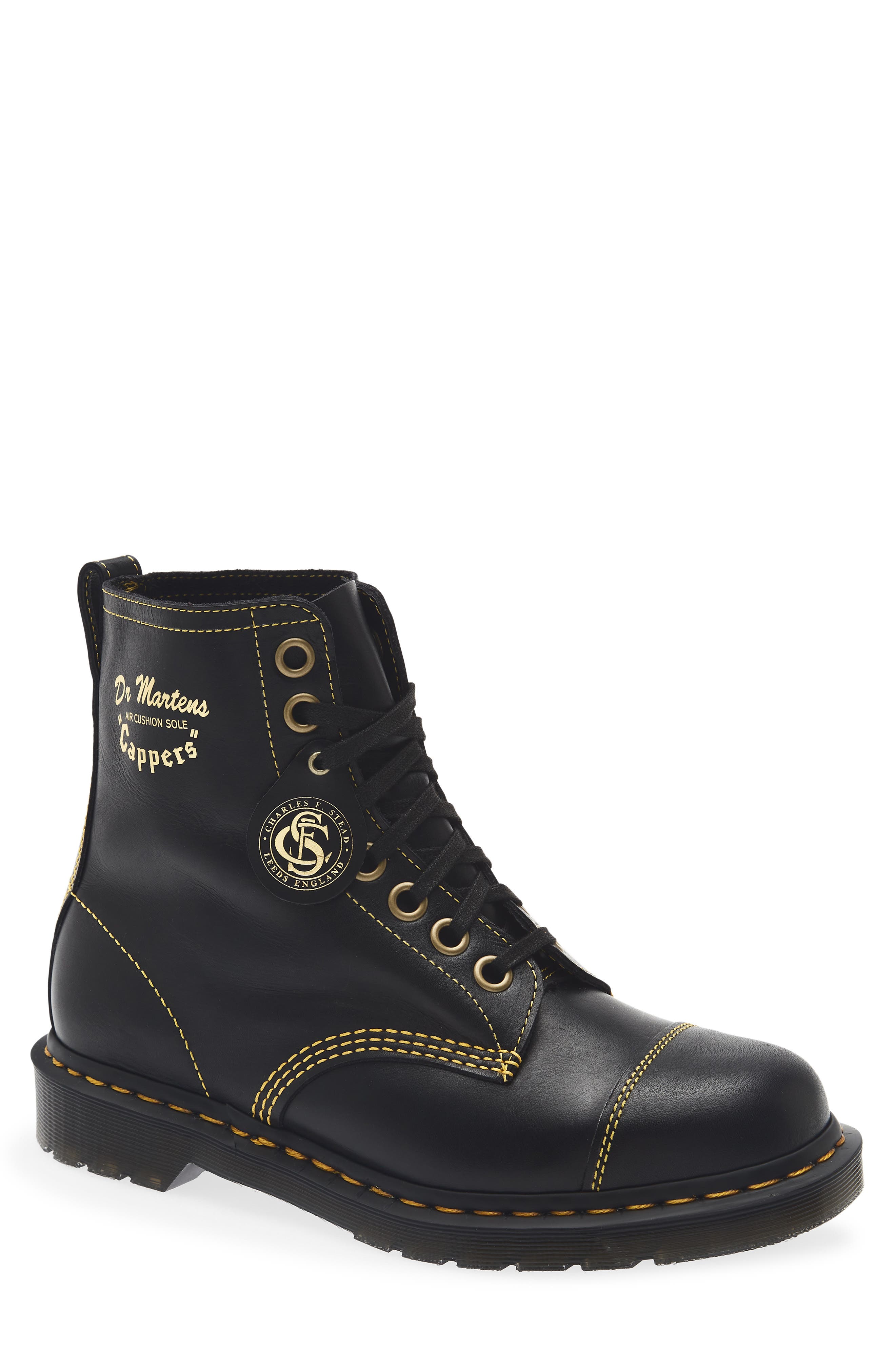 Cappers 8-Eye Leather Boot, Main, color, BLACK
