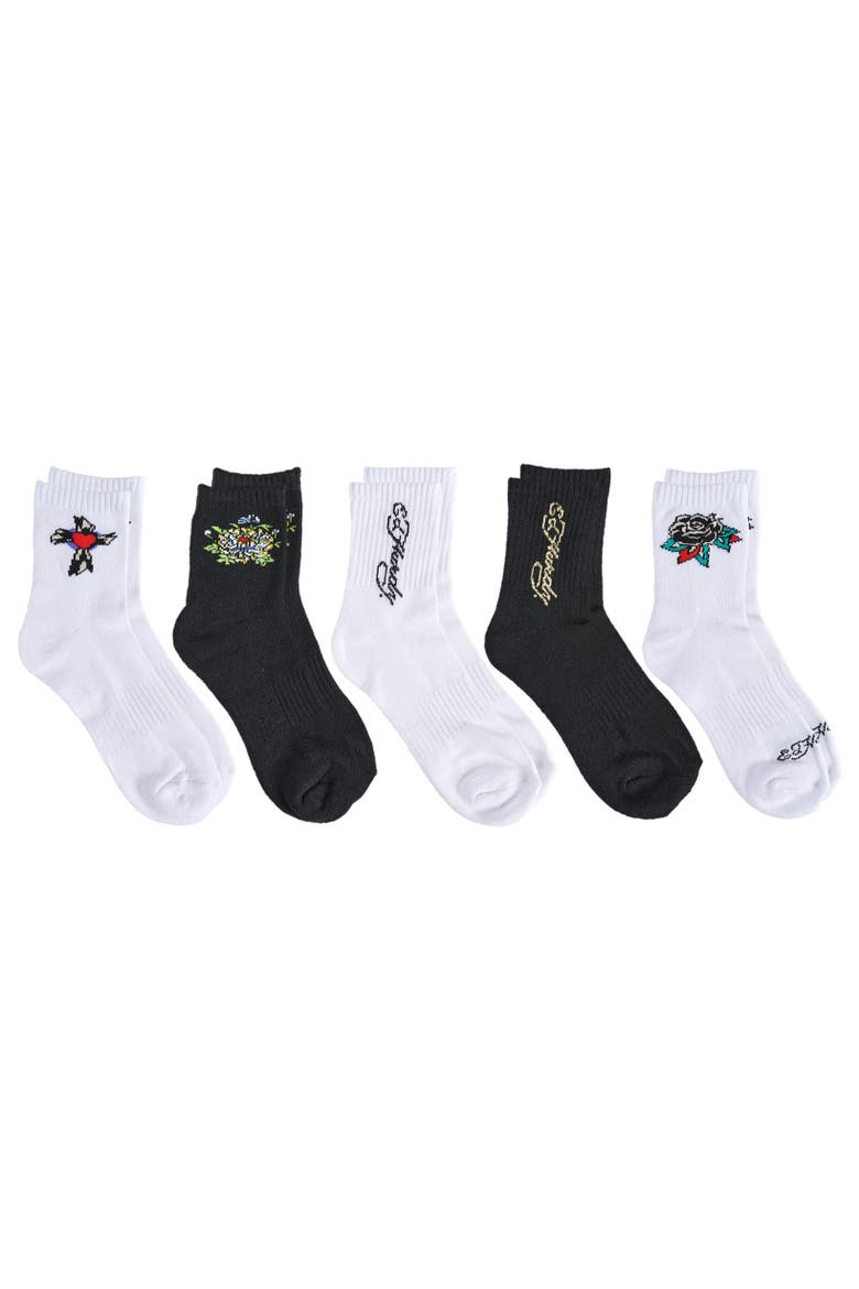 Flower Heart Print Half Cushion Mid Crew Sock 5-Pack, Alternate, color, White Multi