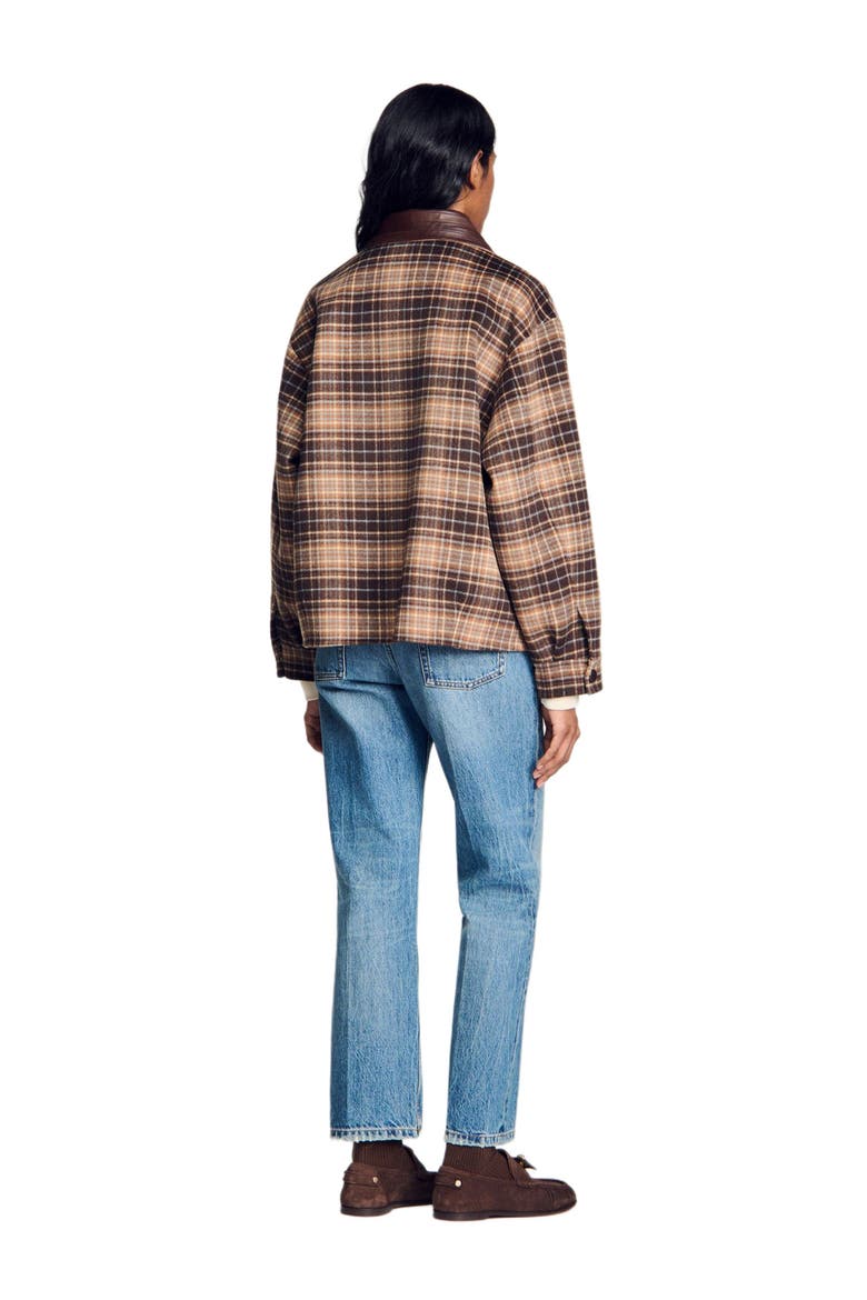 Check coat with leather collar, Alternate, color, Brown