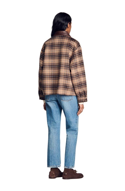 Sandro Check Coat With Leather Collar In Brown