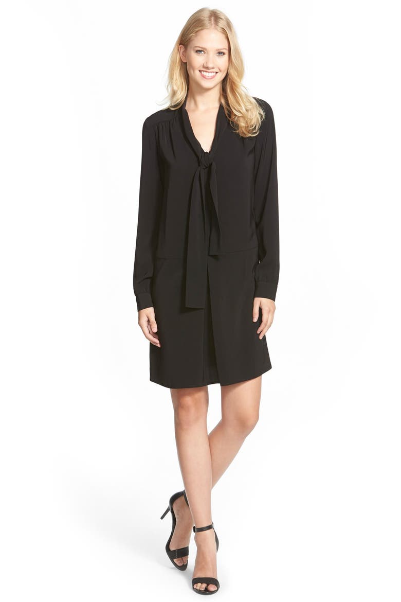 Tie Neck Shift Dress, Main, color, BLACK
