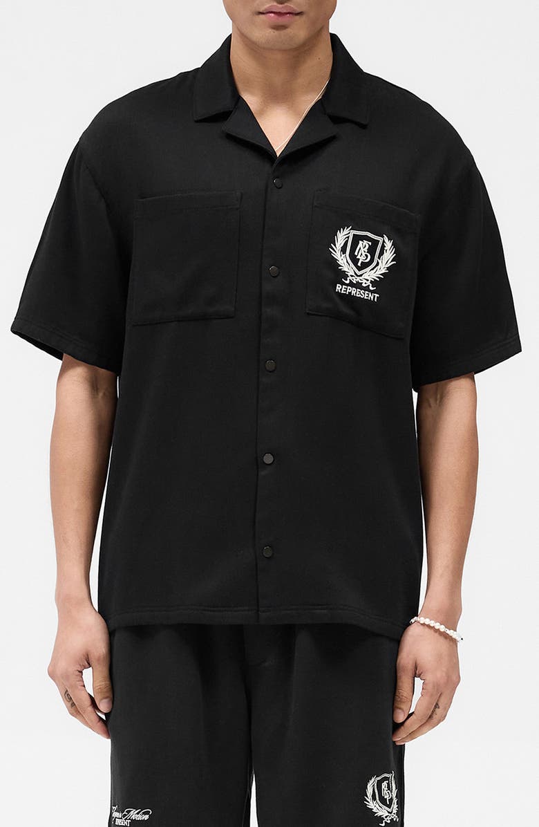 Represent Crest Embroidered Camp Shirt, Main, color, Jet Black