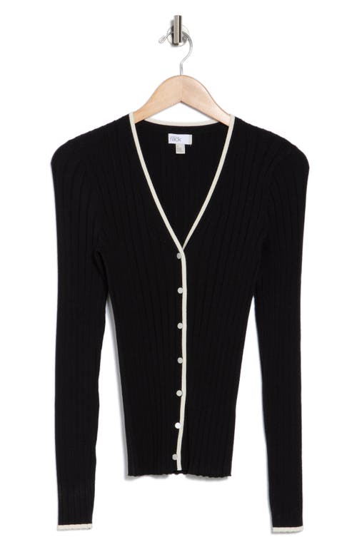Nordstrom Rack Tipped V-neck Ribbed Cardigan In Black- Ivory Tipping