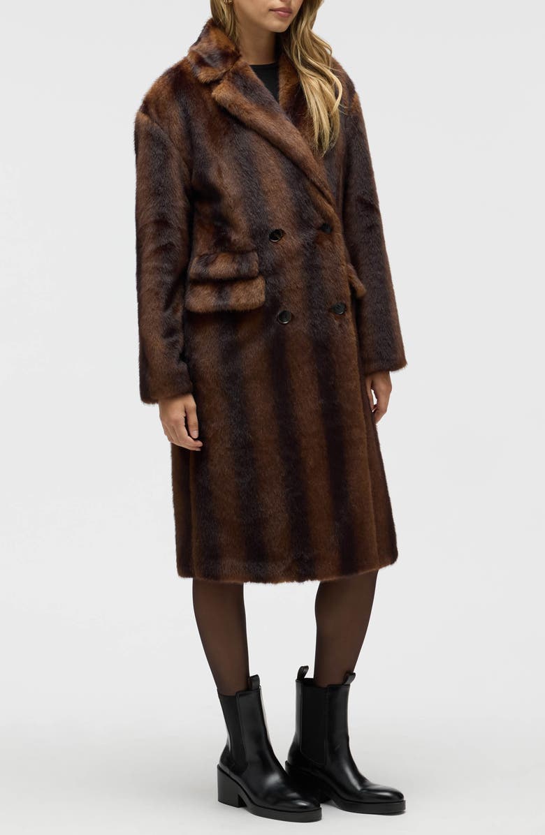 NVLT Stripe Faux Fur Double Breasted Coat, Alternate, color, Brown