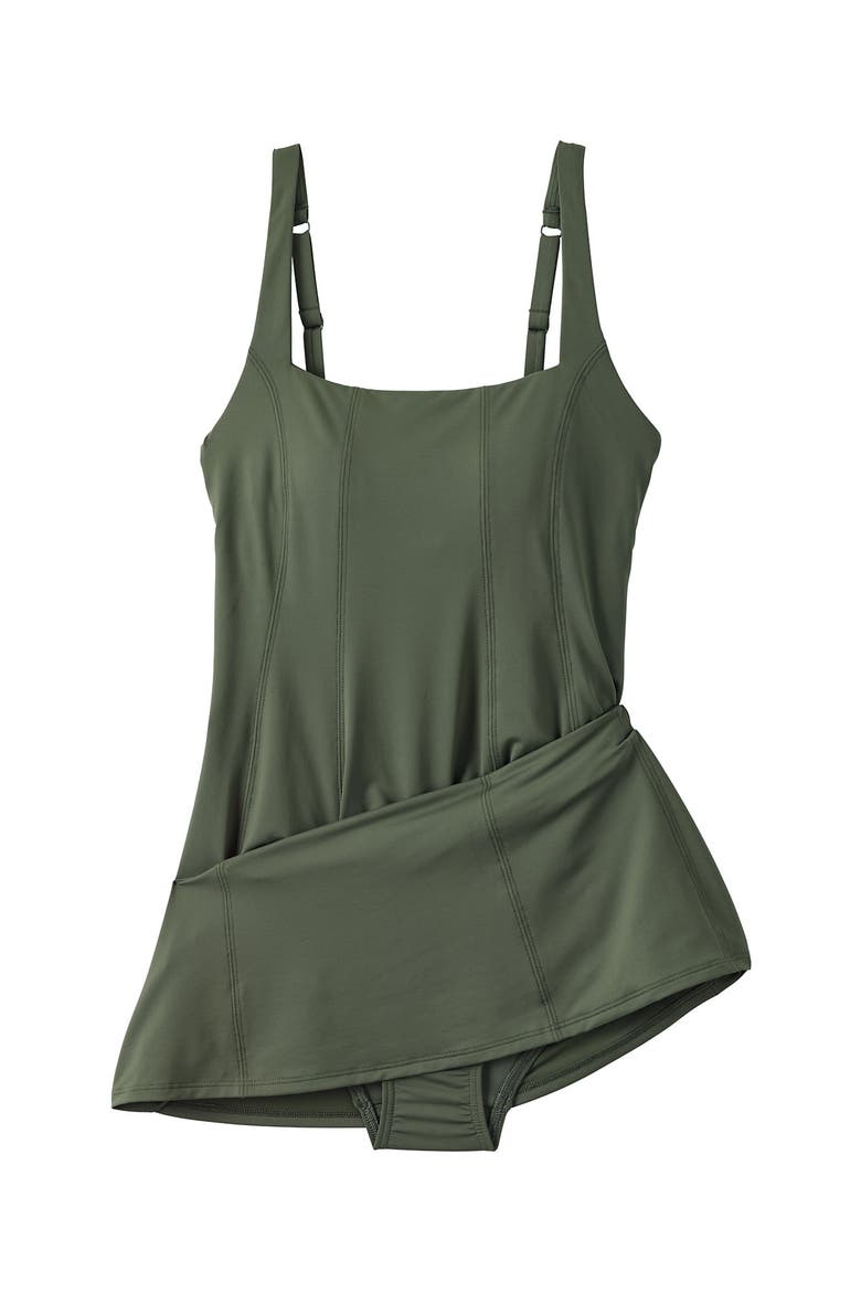 Square Neck Corset Seamed Swim Dress, Alternate, color, Rich Olive Green