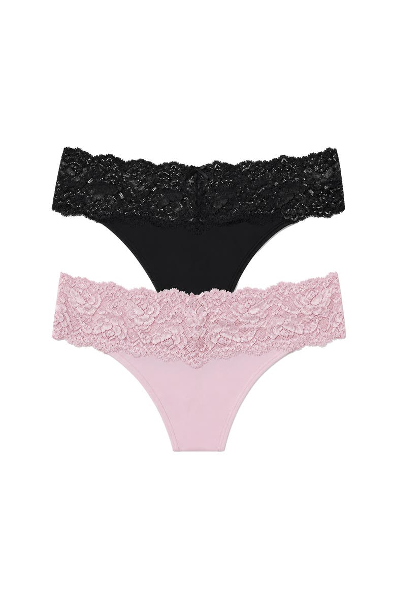 Goddess Lace Trim Thong 2-Pack, Main, color, Black/Lt Pink
