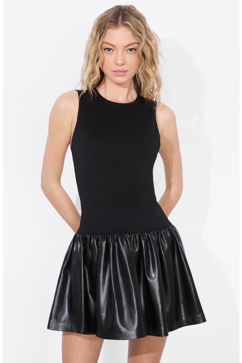 Ella Mixed Media Faux Leather Minidress, Alternate, color, BLACK