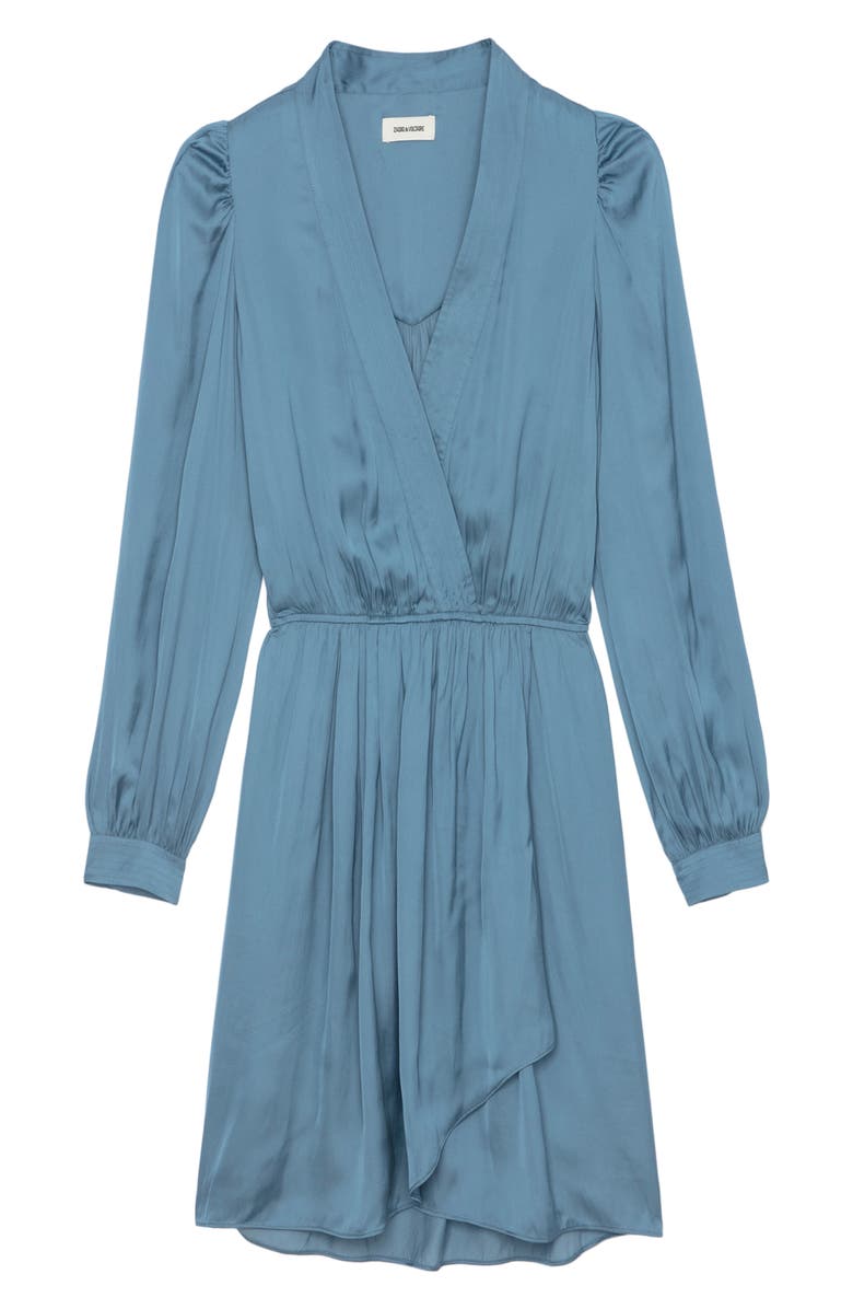 Zadig & Voltaire Remember Long Sleeve Faux Wrap Satin Minidress, Alternate, color, Bluestone