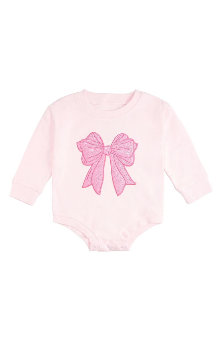 Sweet Wink Pink Bow Sequin Patch Long Sleeve Romper, Main, color, Ballet Pink