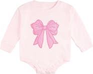 Sweet Wink Pink Bow Sequin Patch Long Sleeve Romper