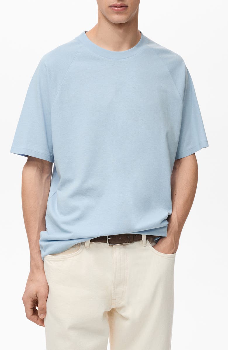 MANGO Oversize Cotton & Linen Crewneck T-Shirt, Main, color, Sky Blue