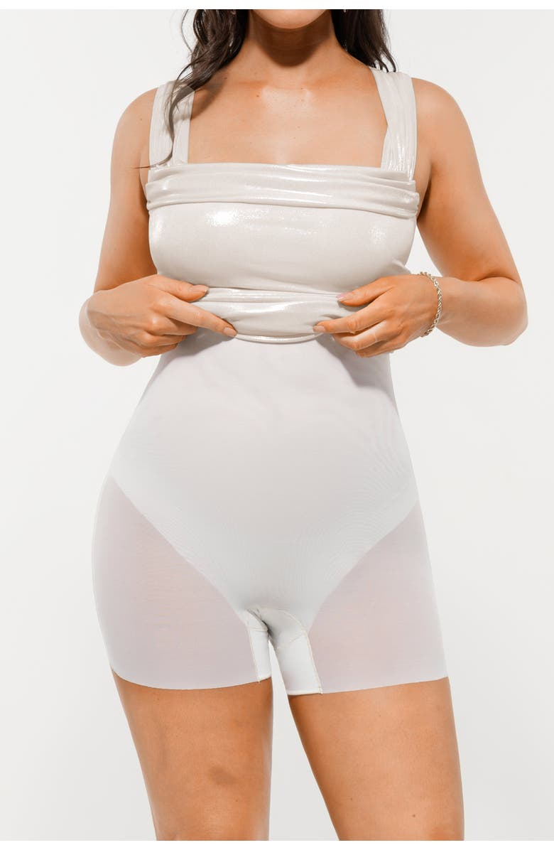 Popilush Multi-way Metallic Off-The Shoulder Ruched Sculpting Mini Dress Night Dress, Alternate, color, Ivory