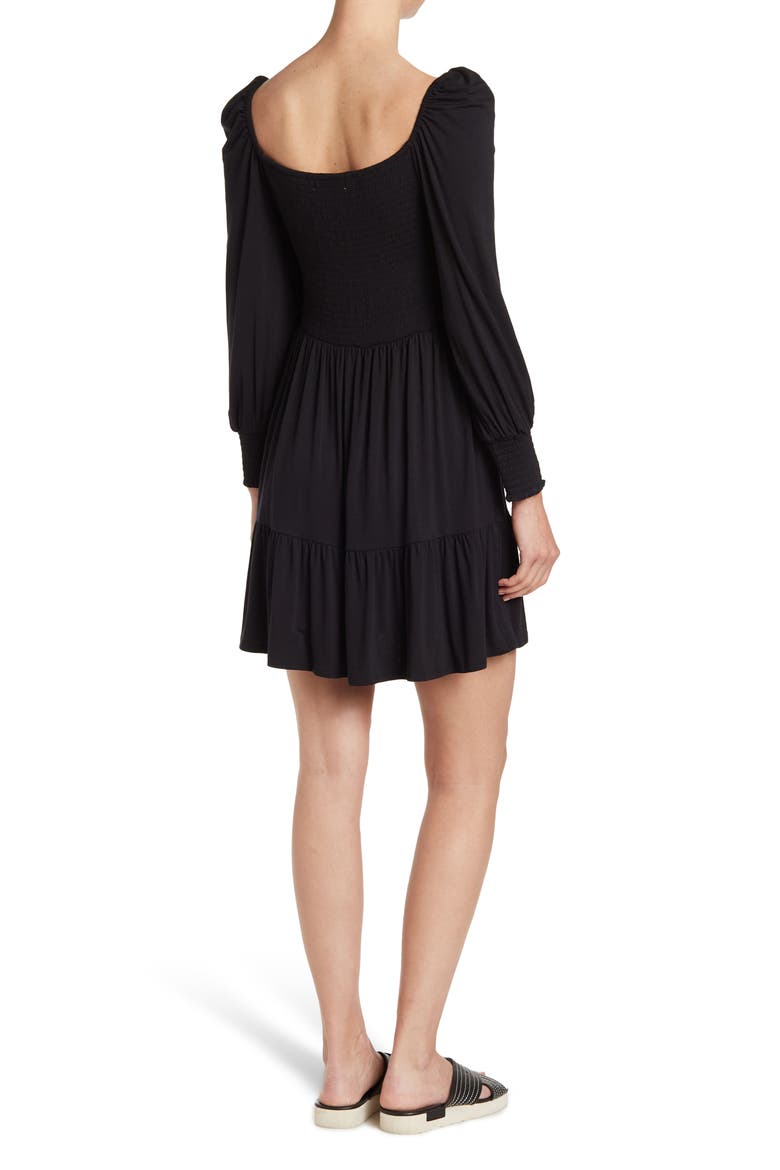 Let's Go Smock Bodice Long Sleeve Minidress, Alternate, color, BLACK