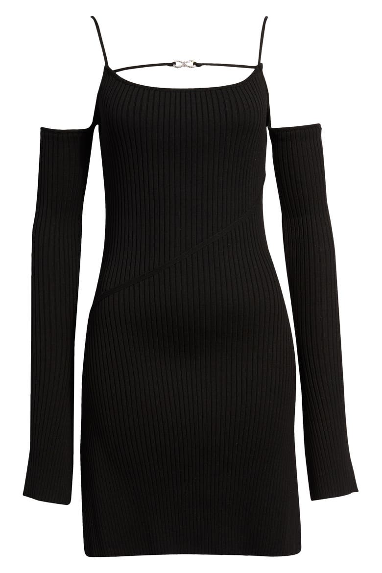 Crystal Bow Ribbed Cold Shoulder Long Sleeve Mini Sweater Dress, Alternate, color, BLACK
