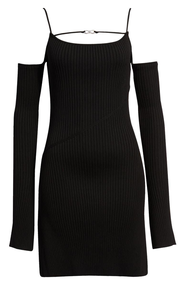 Mach & Mach Crystal Bow Ribbed Cold Shoulder Long Sleeve Mini Sweater Dress, Alternate, color,