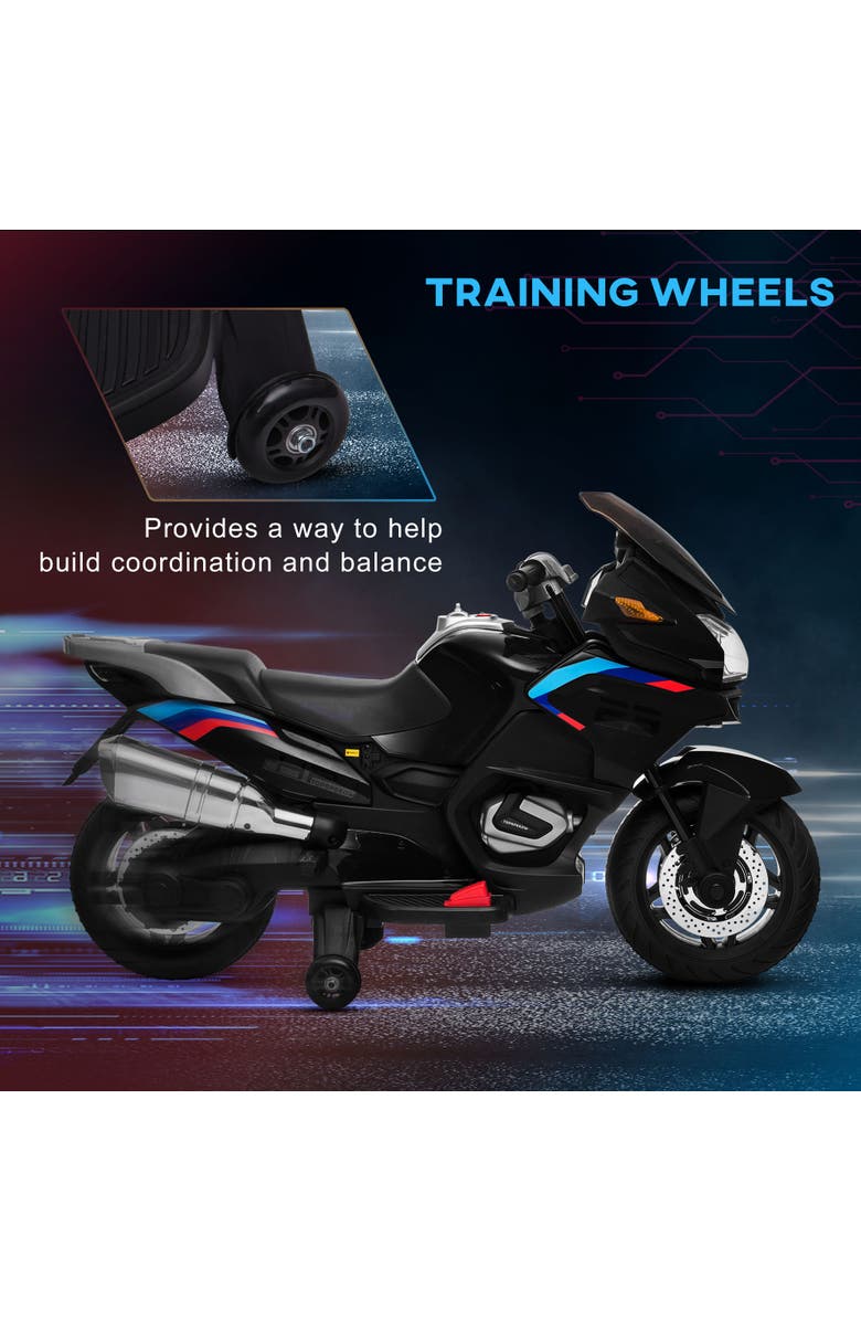 Aosom Kids Motorcycle with Training Wheels, Roaring Engine Design, High-Traction, Light Music, Alternate, color, Black