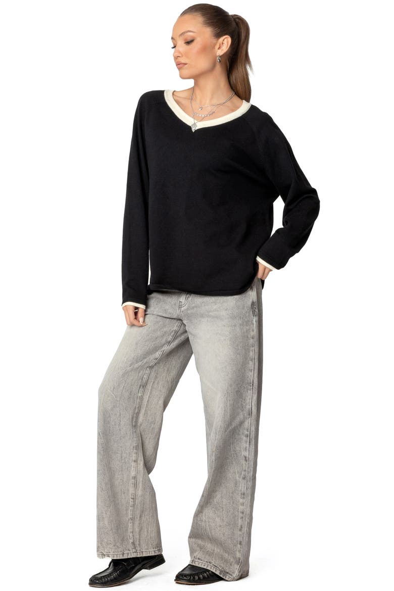 Contrast V-Neck Sweater, Alternate, color, BLACK