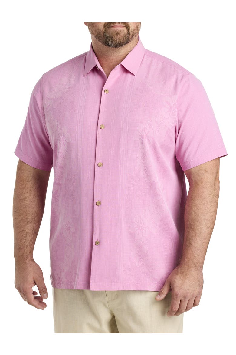 Bali Border Floral Jacquard Short Sleeve Silk Button-Up Shirt, Main, color, PINK PEONY