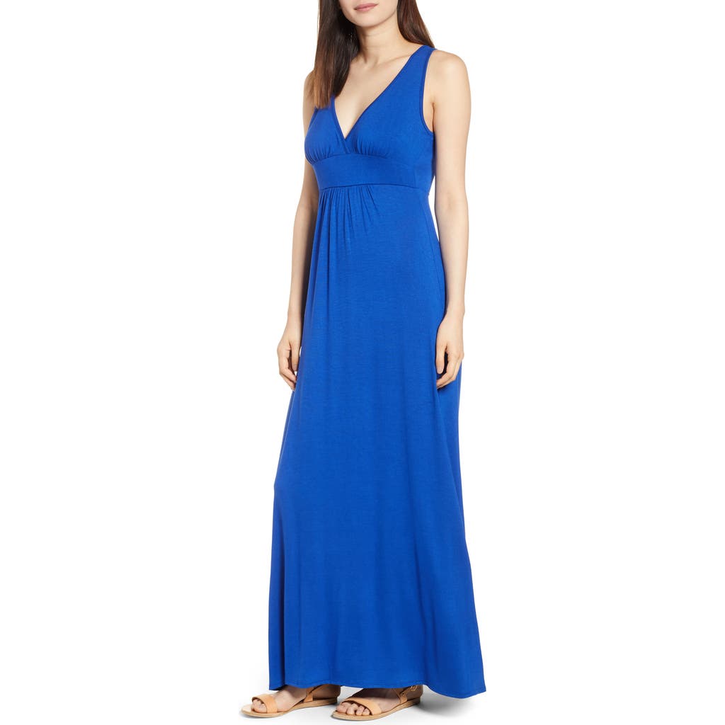 Loveappella V-neck Jersey Maxi Dress In Blue Maze