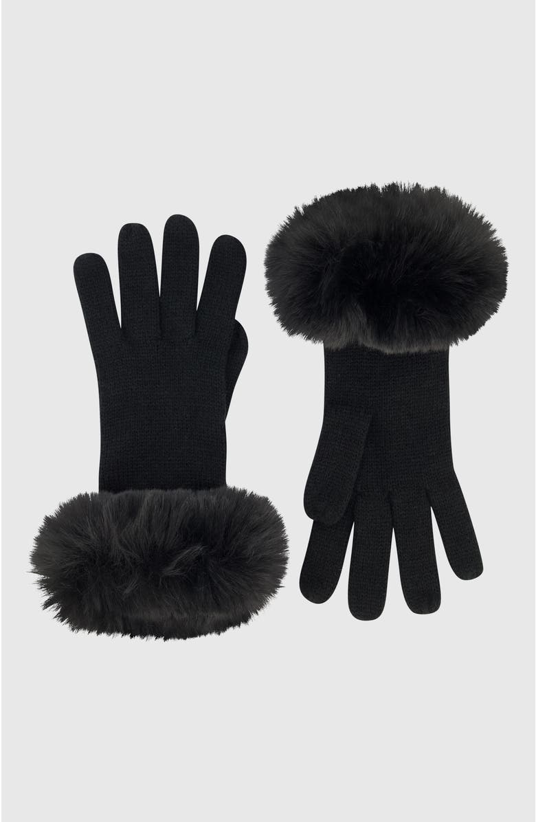 Lyla Grant Knit Gloves With Fur-Free Fox (Faux Fur) Trim, Main, color, Black