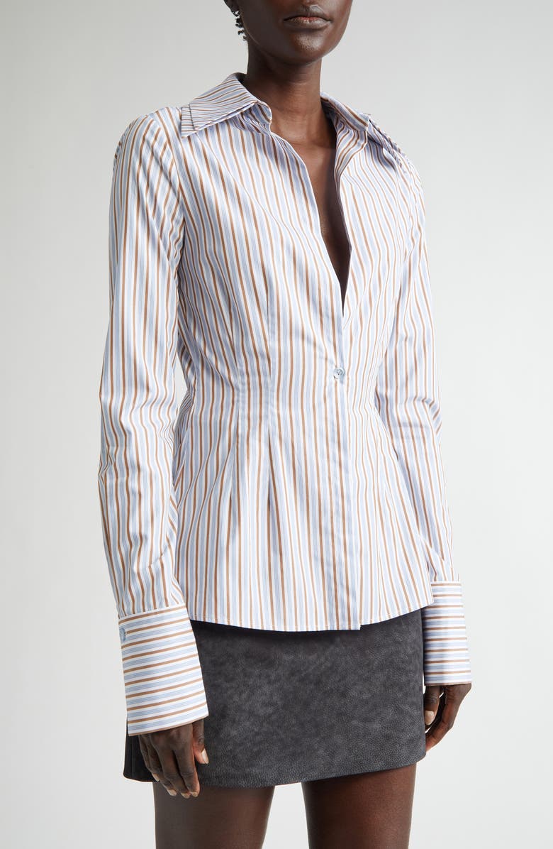 LaQuan Smith Stripe Plunge Neck One-Button Shirt, Alternate, color,
