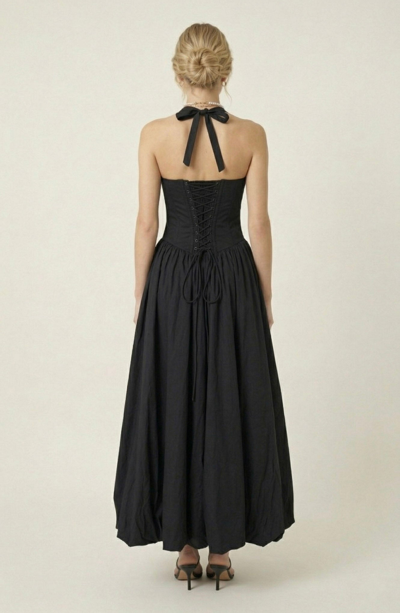 Modenaire Halter Neck Corset Maxi Dress, Alternate, color, Black