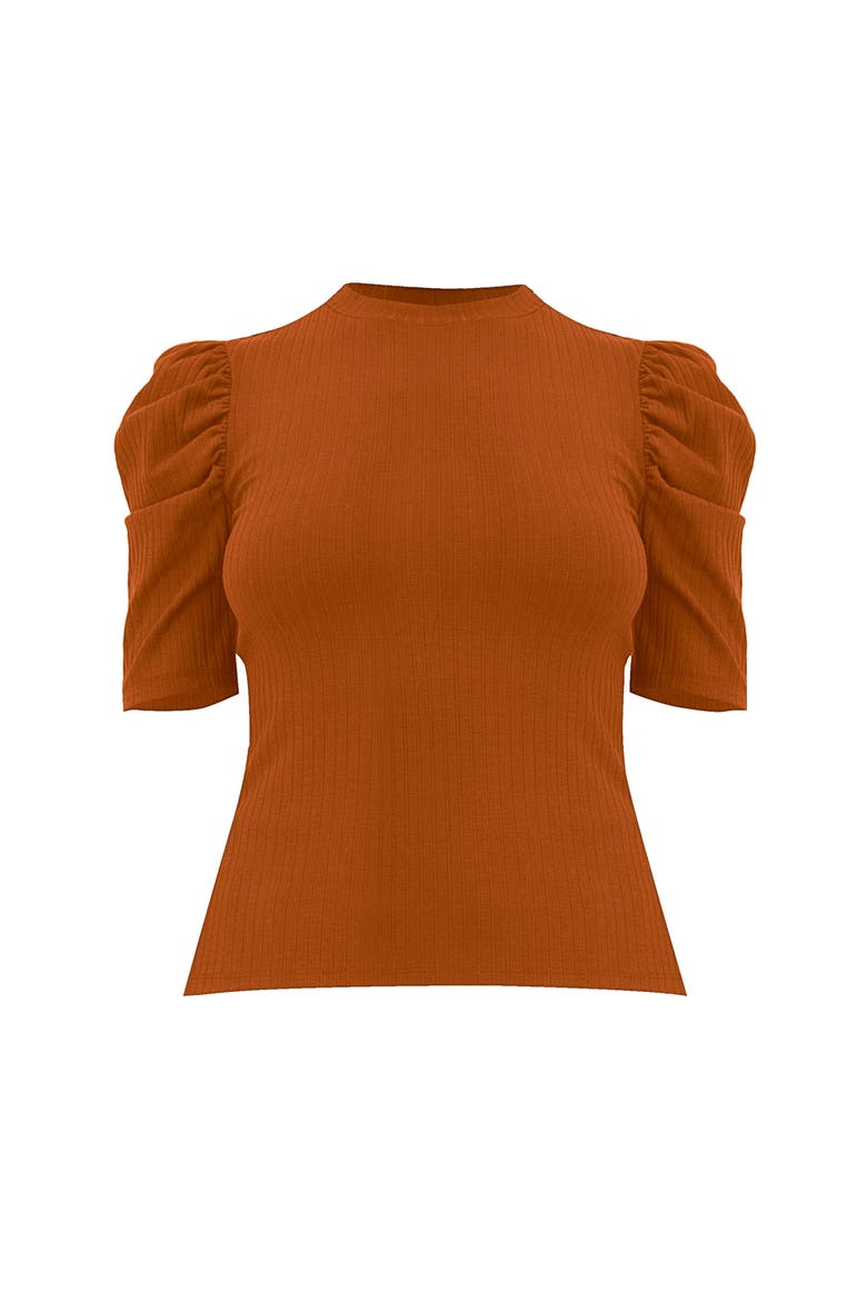 Puff Shoulder Ribbed-Knit T-shirt, Alternate, color, Brown