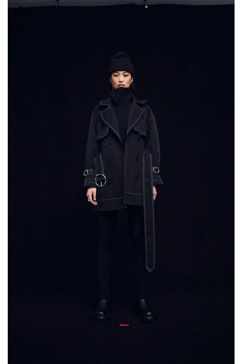 Sustainable Water-Resistant Short Trench Coat, Alternate, color, Black / Off-white