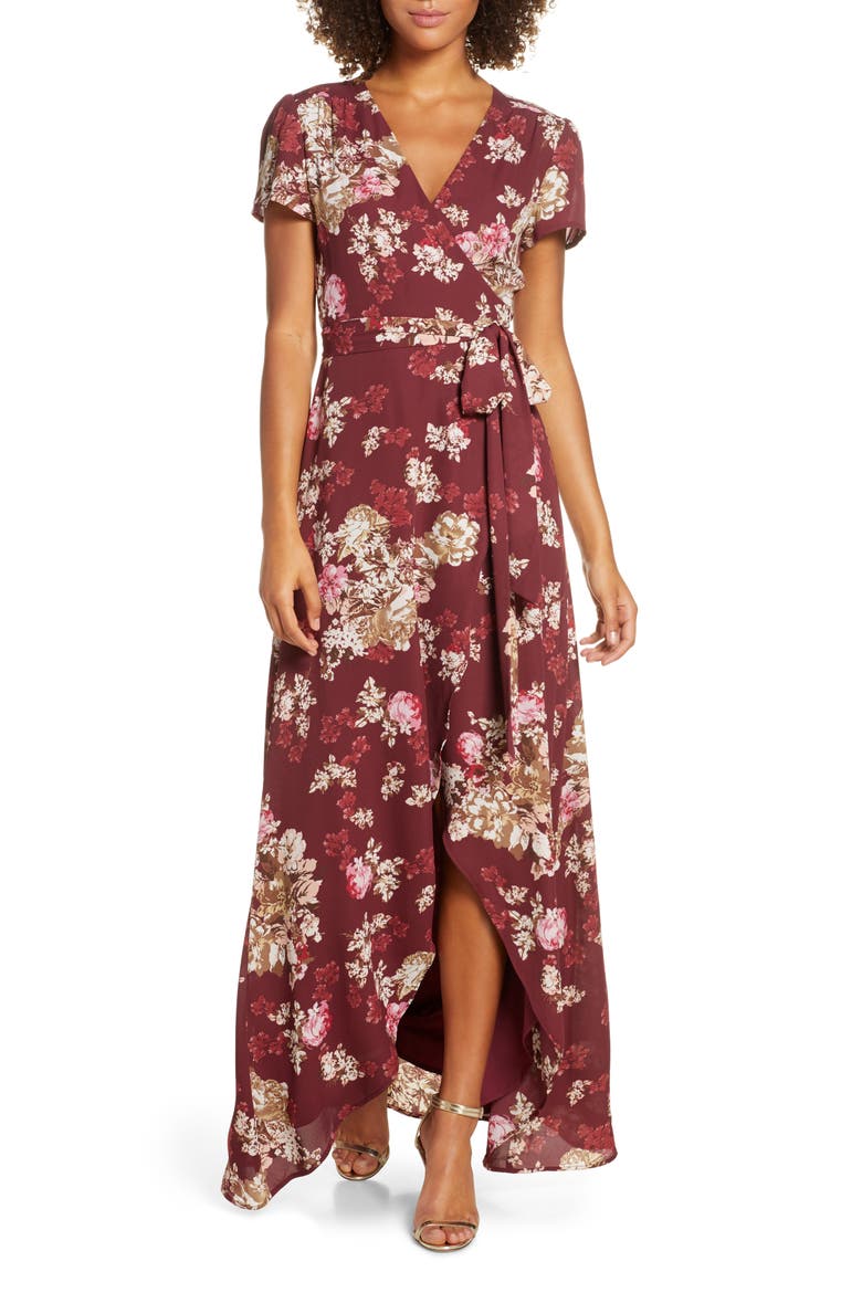 The Zoey Floral Print Short Sleeve Wrap Gown, Main, color, CABERNET FLORAL