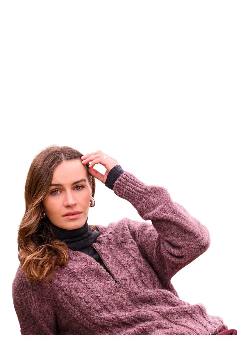 British Wool Cable Zip Cardigan, Alternate, color, DARK ROSE