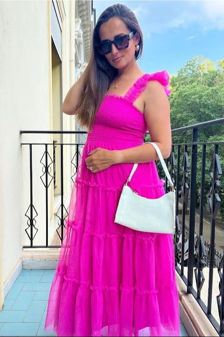 Smocked Mesh Ruffle Accent Midi Dress, Alternate, color, Fuschia