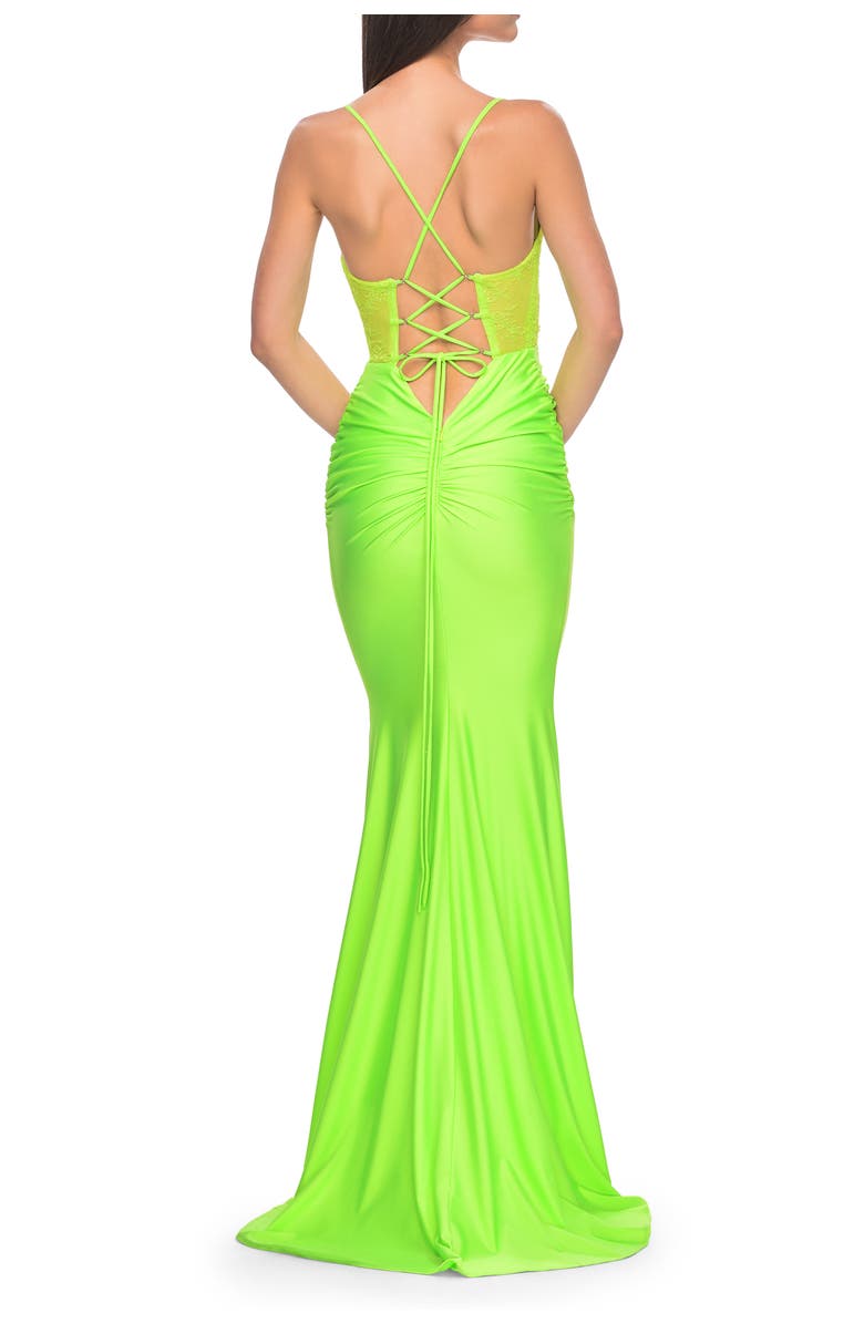 La Femme Neon Ruched Jersey Dress with Illusion Corset Lace Top, Alternate, color, Bright Green