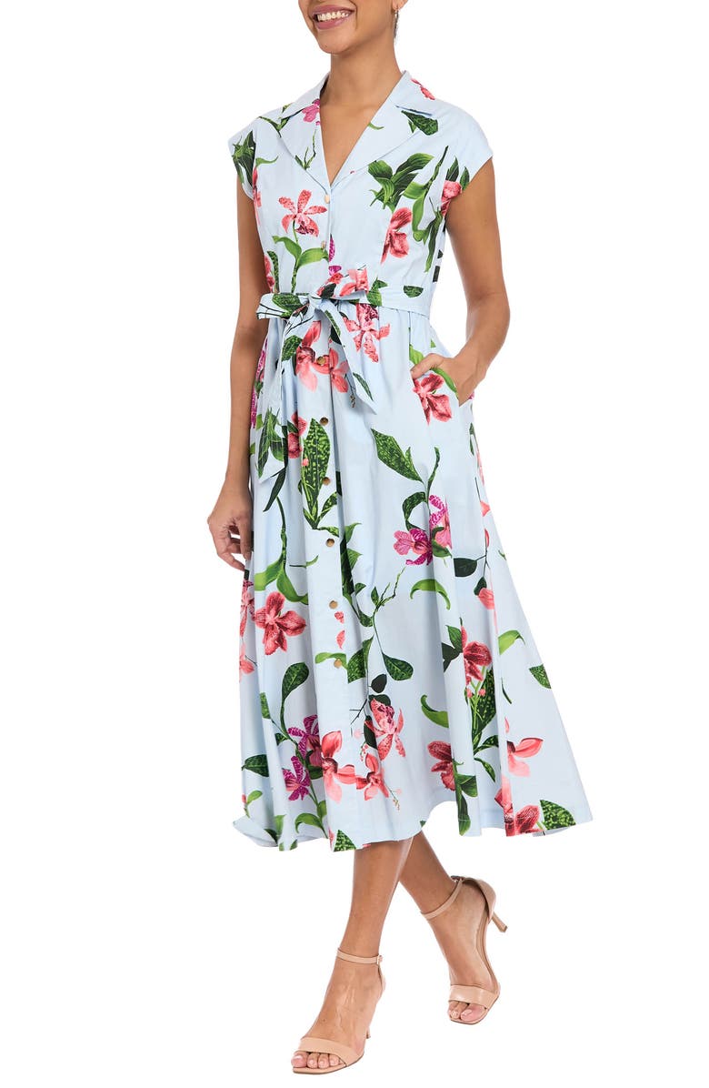 London Times Floral Belted Shirtdress, Alternate, color, Blue/ Coral